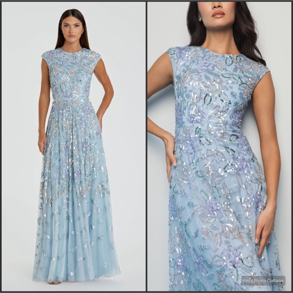 MAC DUGGAL 5647 Blue Sequined High Neck Cap Sleeve A Line Gown